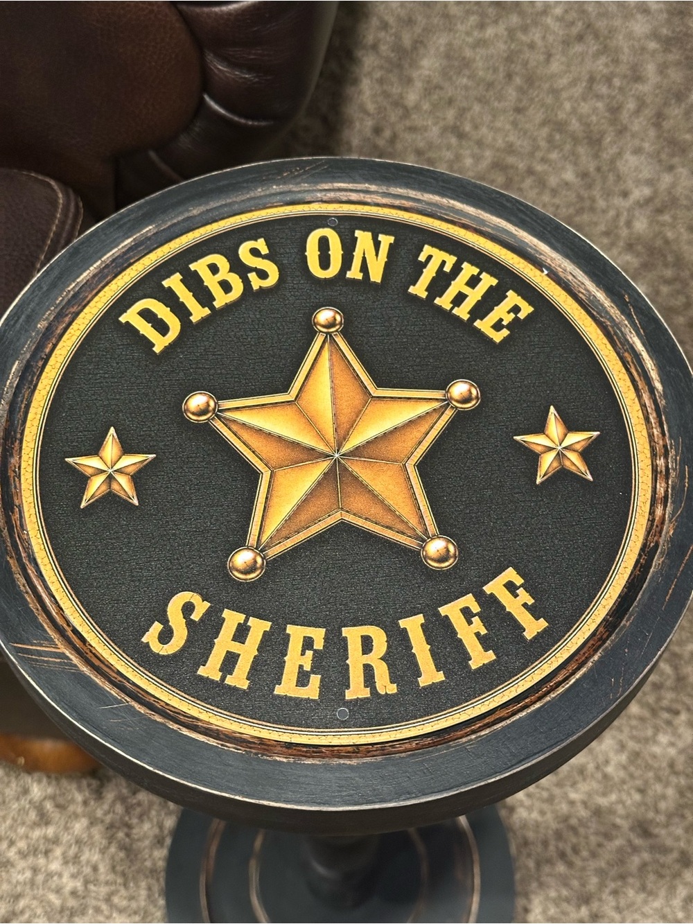 Sheriff-Themed Accent Table Top - Black and Gold